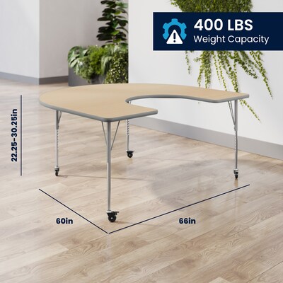 Flash Furniture Wren Horseshoe Activity Table, 66" x 60", Height Adjustable, Light Natural Top/Silver Frame (XUA6066HRSLNTAC)