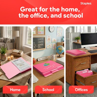 Staples Reinforced File Folders, 1/3-Cut Tab, Letter Size, Pink, 100/Box (508952)