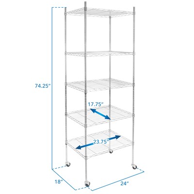 Mount-It! 5-Tier Wire Shelving Unit with Wheels, Holds 88 lbs per shelf, Silver (MI-7862)
