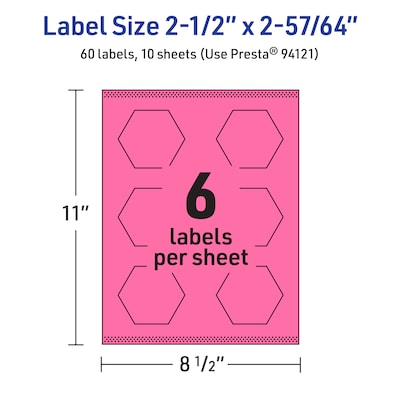 Avery Hexagon Laser/Inkjet Multipurpose Labels, 2-1/2" x 2-57/64", Bright Pink (60/Pack)