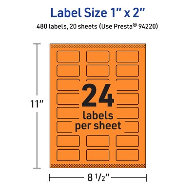 Avery Laser/Inkjet Multipurpose Rectangle Labels, 1" x 2", Bright Orange, 480/Pack (94220)