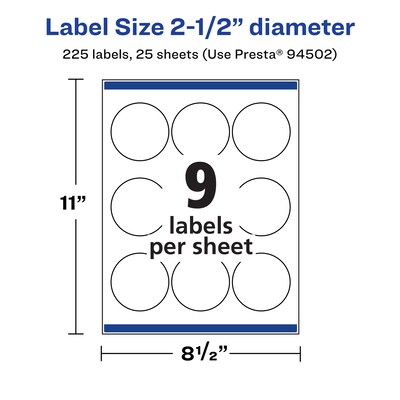 Avery Laser/Inkjet Round Multipurpose Labels, 2.5" Dia., White, 225 Labels/Pack (94502)