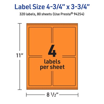 Avery Laser/Inkjet Multipurpose Labels, Bright Orange, 4 Labels/Sheet, 80 Sheets/Pack (94254-BOP80)