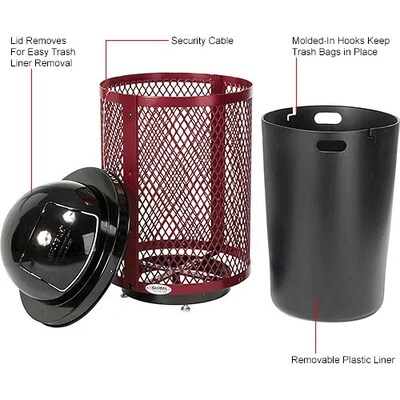 Global Industrial Outdoor Diamond Steel Trash Can w/ Dome Lid & Base, 36 Gallon, Red (261948RDD)