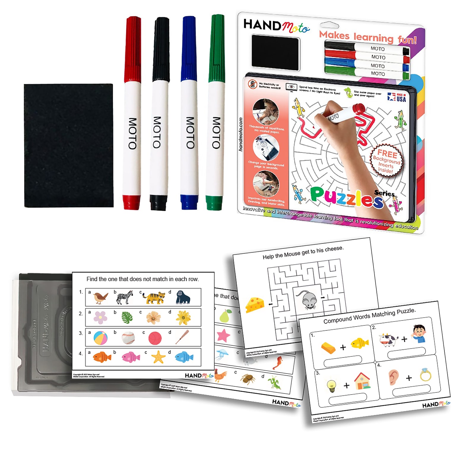 HandMoto Dry-Erase Learning Board, Puzzles Series, 4 Markers & 10 Activity Sheets (HMOPZMO1)