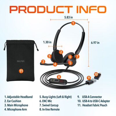Delton 62Y MS Teams Noise-Canceling On-Ear Computer Headset with 3-Mics, USB Type-A & Type C, Black (DHS62Y)