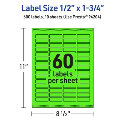 Avery Laser/Inkjet Multipurpose Rectangle Labels, 0.5" x 1.75", Neon Green, 600/Pack (94204)