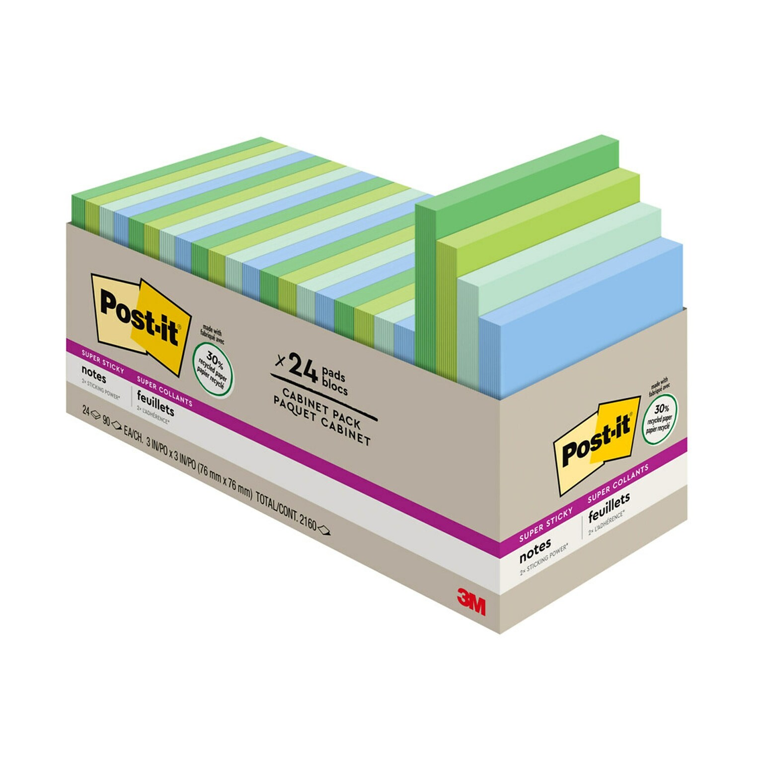 Post-it Recycled Super Sticky Notes, 3 x 3, Oasis Collection, 70 Sheet/Pad, 24 Pads/Pack (65424SSTCP)