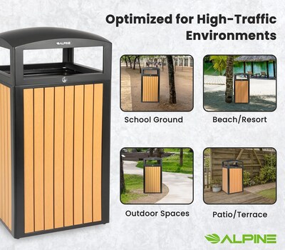 Alpine Industries Steel Outdoor Trash Can with Dome Lid, 40 Gallon, Plastic Cedar Panel (ALP471-40-WD-CD)