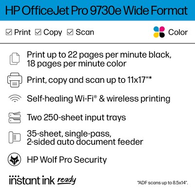 HP OfficeJet Pro 9730e Wide Format Wireless All-in-One Color Printer, Best for Office, 3 Months FREE INK with HP+ (537P6A)