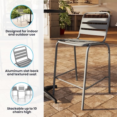 Flash Furniture Lila Indoor-Outdoor Restaurant Bar Height Stool with Slat Back, Silver (TLH015H)