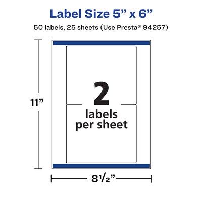 Avery Laser/Inkjet Multipurpose Rectangle Labels, 5" x 6", White, 50 Labels/Pack (94257)