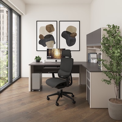 Bestar Connexion 72"W L Shaped Desk with Drawers, Hutch, and Keyboard Tray, Slate (93859-59)
