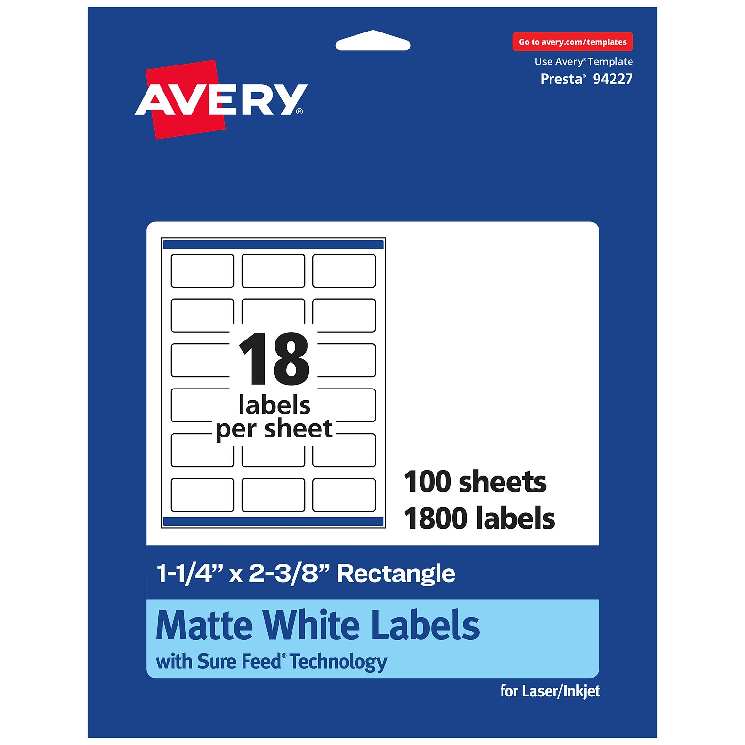 Avery Laser/Inkjet Multipurpose Rectangle Labels, 1.25 x 2.375, White, 1800 Labels/Box (94227)