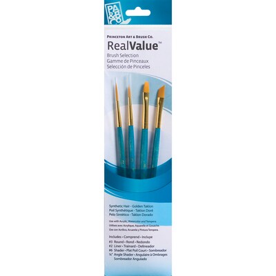 Princeton RealValue Mixed Media Synthetic Taklon Variety Brush Set, Blue, 4/Set, 3 Sets/Bundle (PBXPR9173-3)