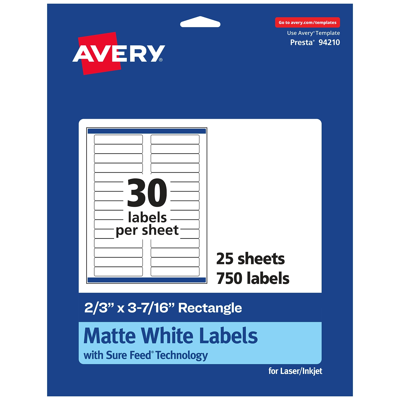 Avery Laser/Inkjet Multipurpose Labels, 3.4375  x 0.6667, Matte White, 750/Pack (94210)