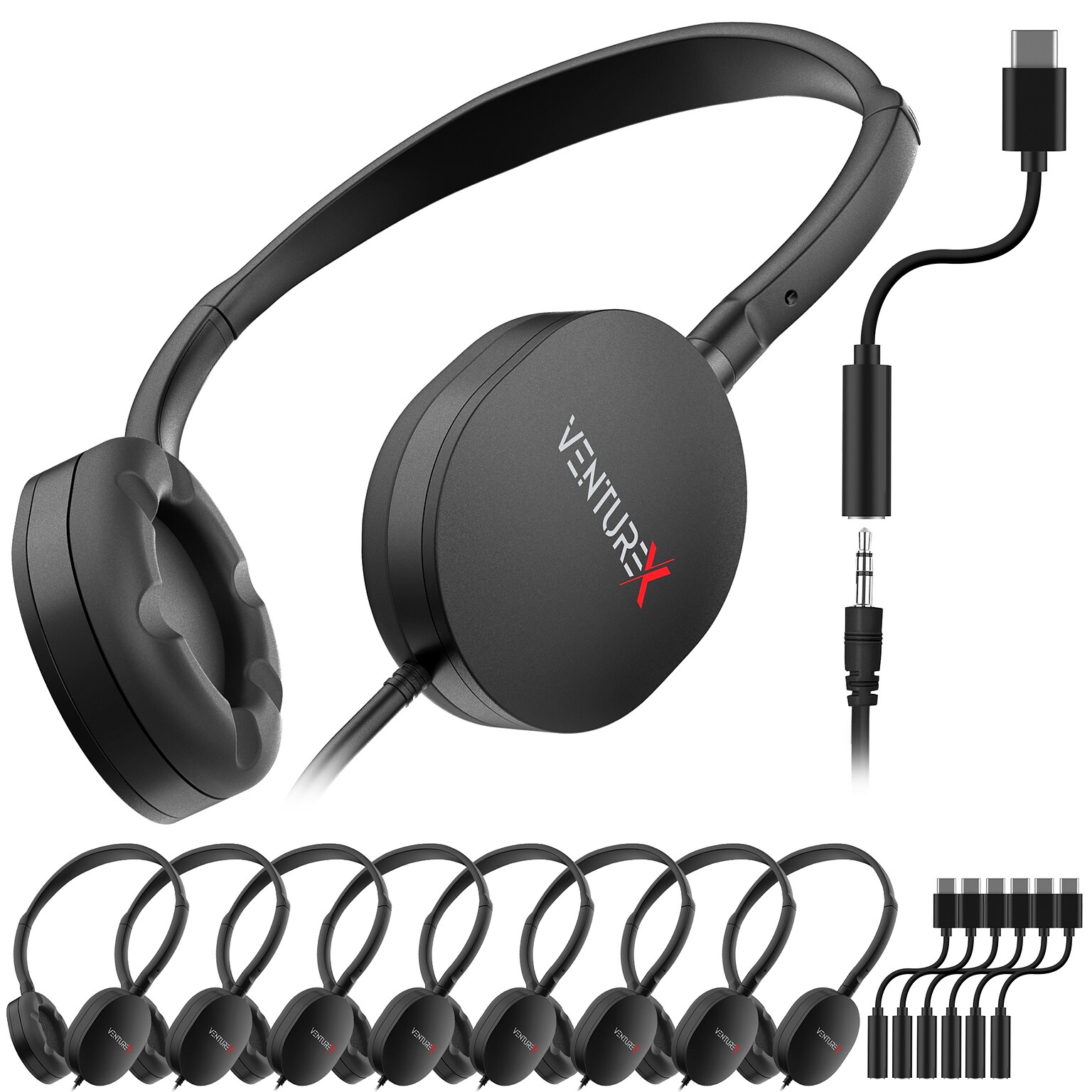 VentureX K22 Stereo Kids Learning Phone & Computer Headphone, 3.5mm & USB-C Adapter, Black, 50/Pack (VHPK22BD1M50)