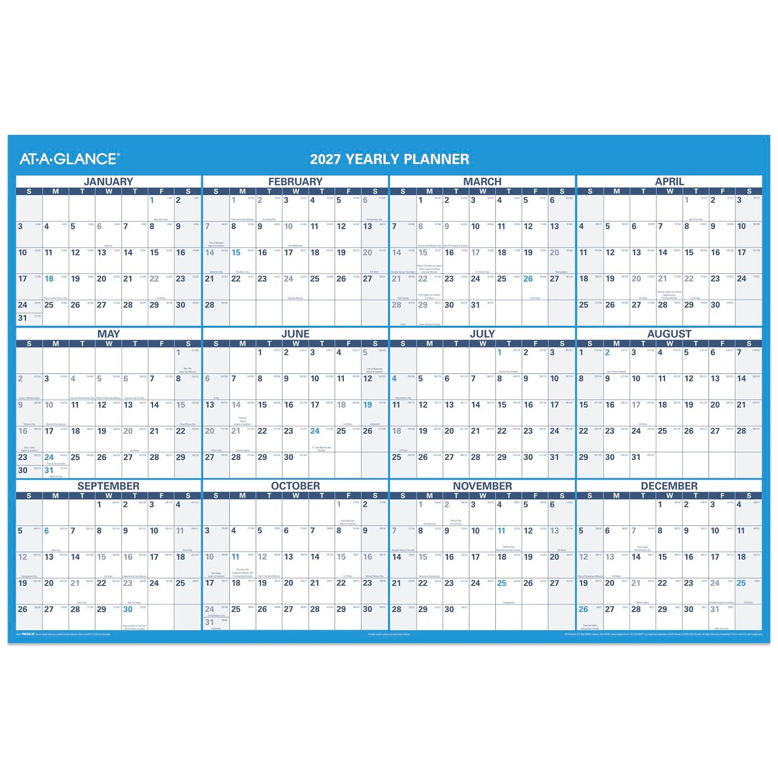 2027 AT-A-GLANCE 48 x 32 Yearly Wet-Erase Wall Calendar, Reversible, White/Blue (PM300-28-27)