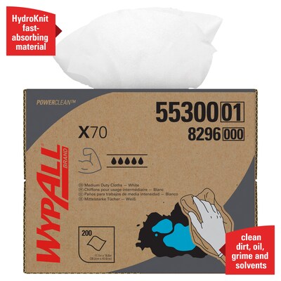 WypAll PowerClean X70 Cloths, 11.1" x 16.8", White, 200 Sheets/Box (55300)