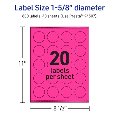 Avery Round Laser/Inkjet Multipurpose Labels, 1-5/8" Dia, Neon Magenta (800/Box)