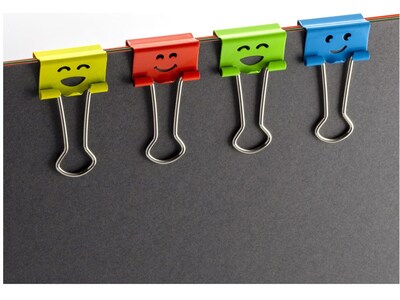 Officemate Smiling Face Small Binder Clips, 0.38" Capacity, Assorted Colors, 42 Clips/Pack (31090)