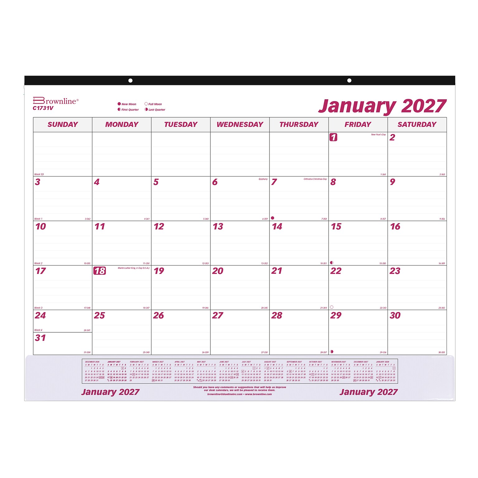 2027 Brownline 22 x 17 Monthly Desk Pad Calendar, White/Burgundy (C1731V-27)