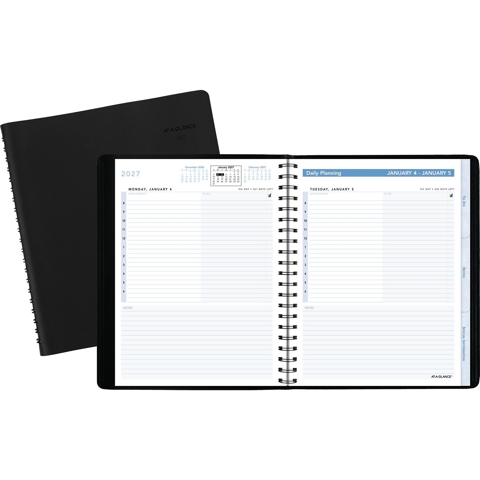 2027 AT-A-GLANCE The Action Planner 6.5 x 8.75 Daily Appointment Book, Faux Leather Cover, Black (70-EP03-05-27)
