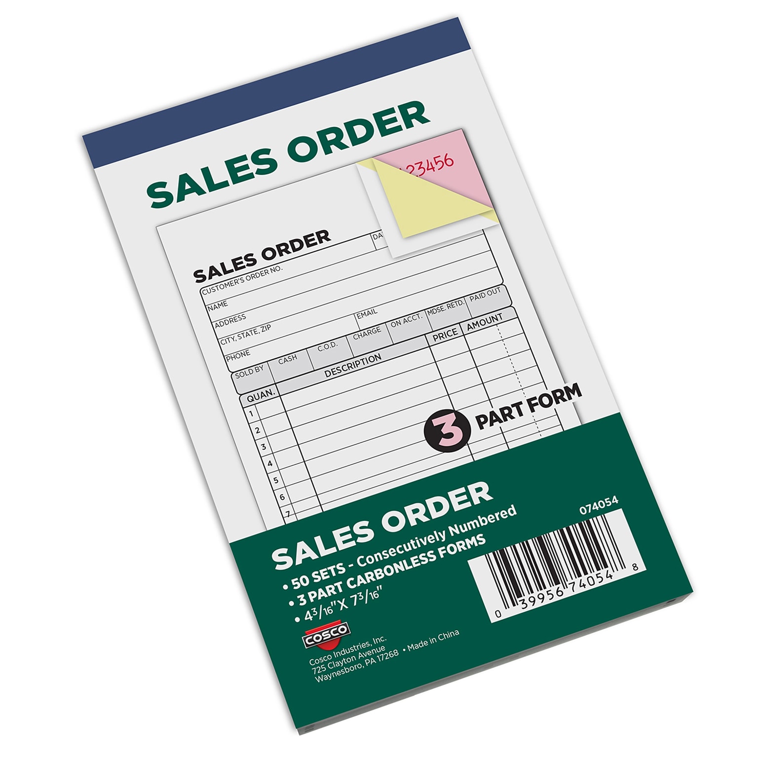 Cosco 3-Part Carbonless Sales Orders, 4.1875 x 7.1875, 50 Sets/Book (074054)