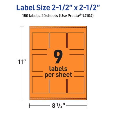 Avery Laser/Inkjet Multipurpose Square Labels, 2.5" x 2.5", Bright Orange, 180/Pack (94104)