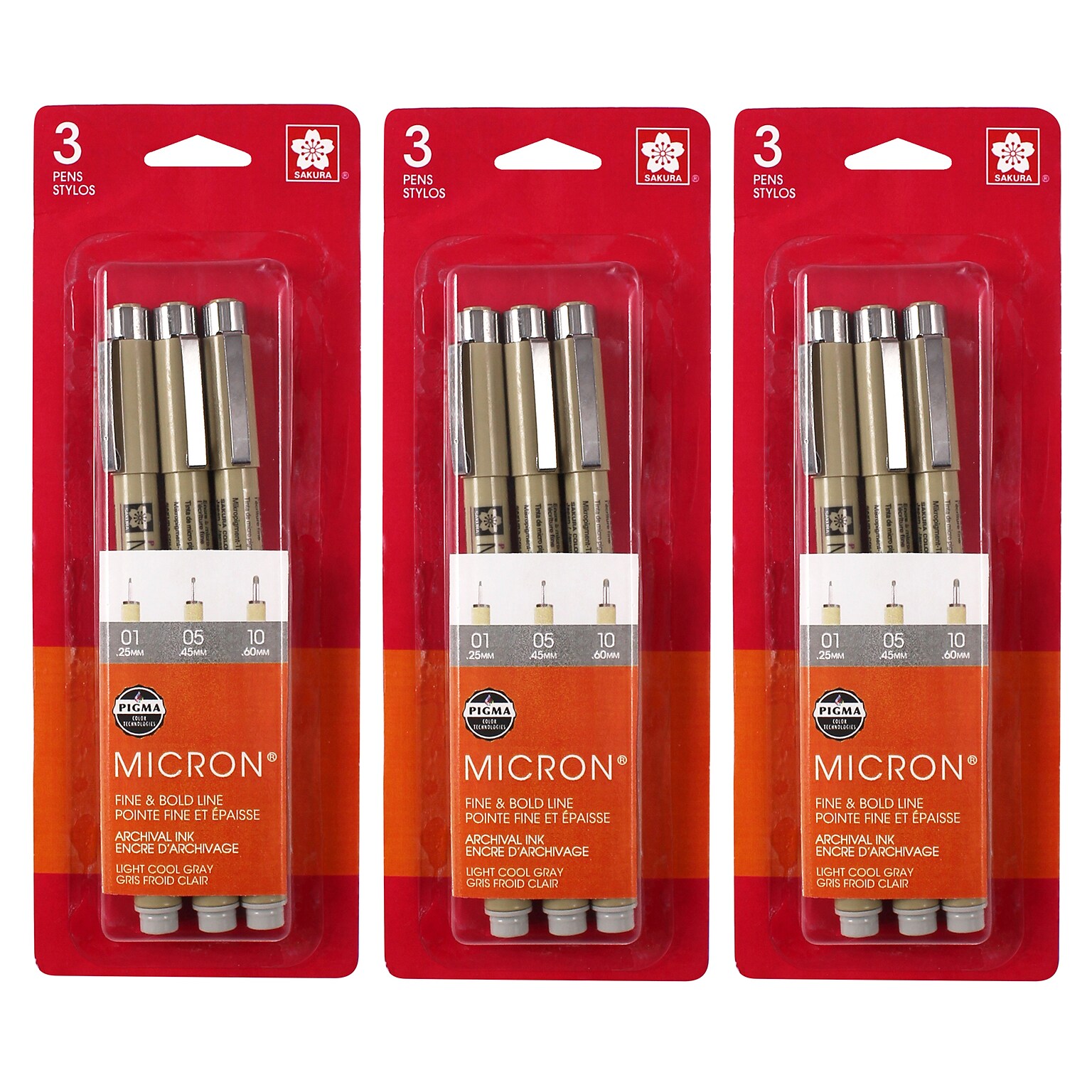 Sakura Pigma Micron Pen, Fineliner, Gray/Silver Ink, 3/Bundle (SAK50162-3)