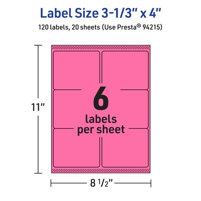 Avery Laser/Inkjet Rectangle Multipurpose Labels, 3-1/3" x 4", Bright Pink, 120/Pack (94215)