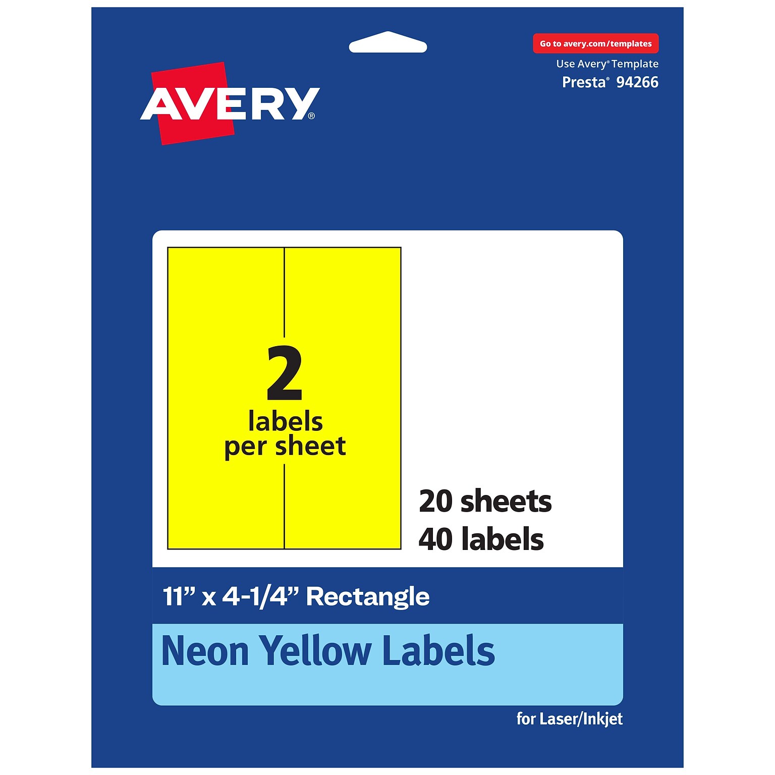 Avery Rectangle Multipurpose Labels, 11 x 4.25, Neon Yellow, 40/Pack (94266)