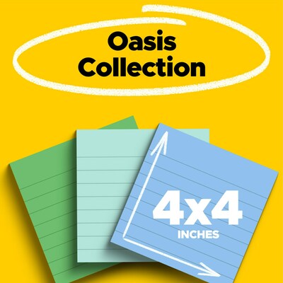 Post-it Oasis Recycled Super Sticky Notes, 4 x 4, Oasis Collection, Lined, 70 Sheets/Pad, 3 Pads/P