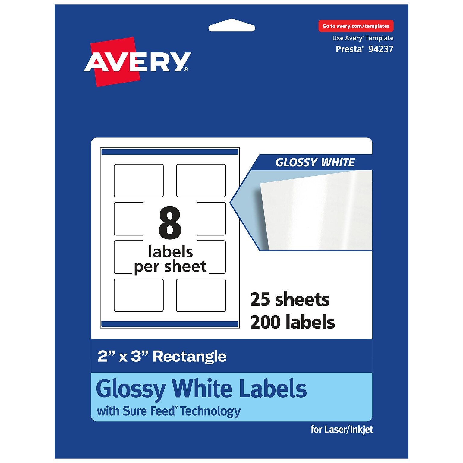 Avery Laser/Inkjet Rectangle Labels, 2 x 3, Glossy White, 200 Labels/Pack (94237)