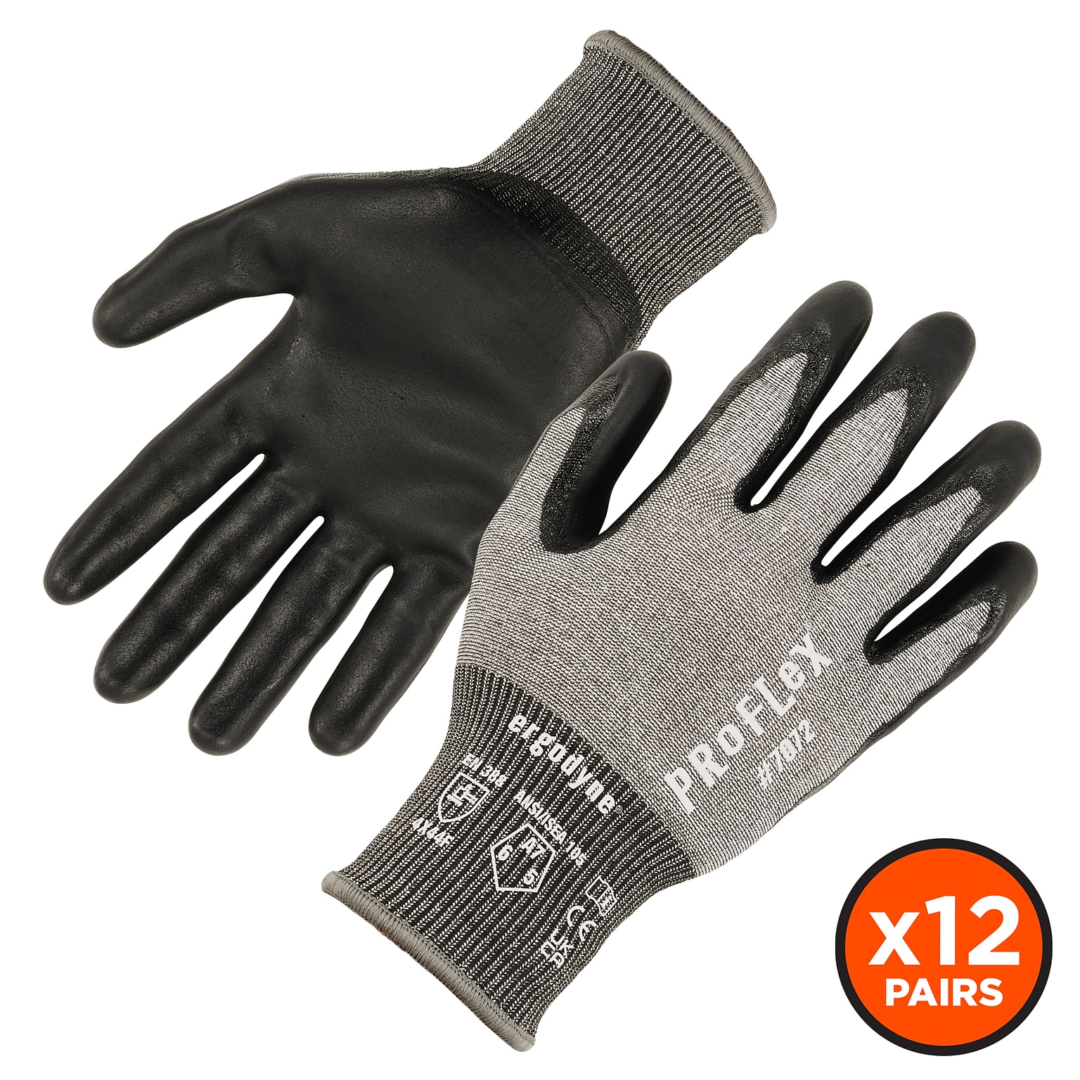 Ergodyne ProFlex 7072 Nitrile Coated Cut-Resistant Gloves, ANSI A7, Gray, Small, 12 Pair (10302)