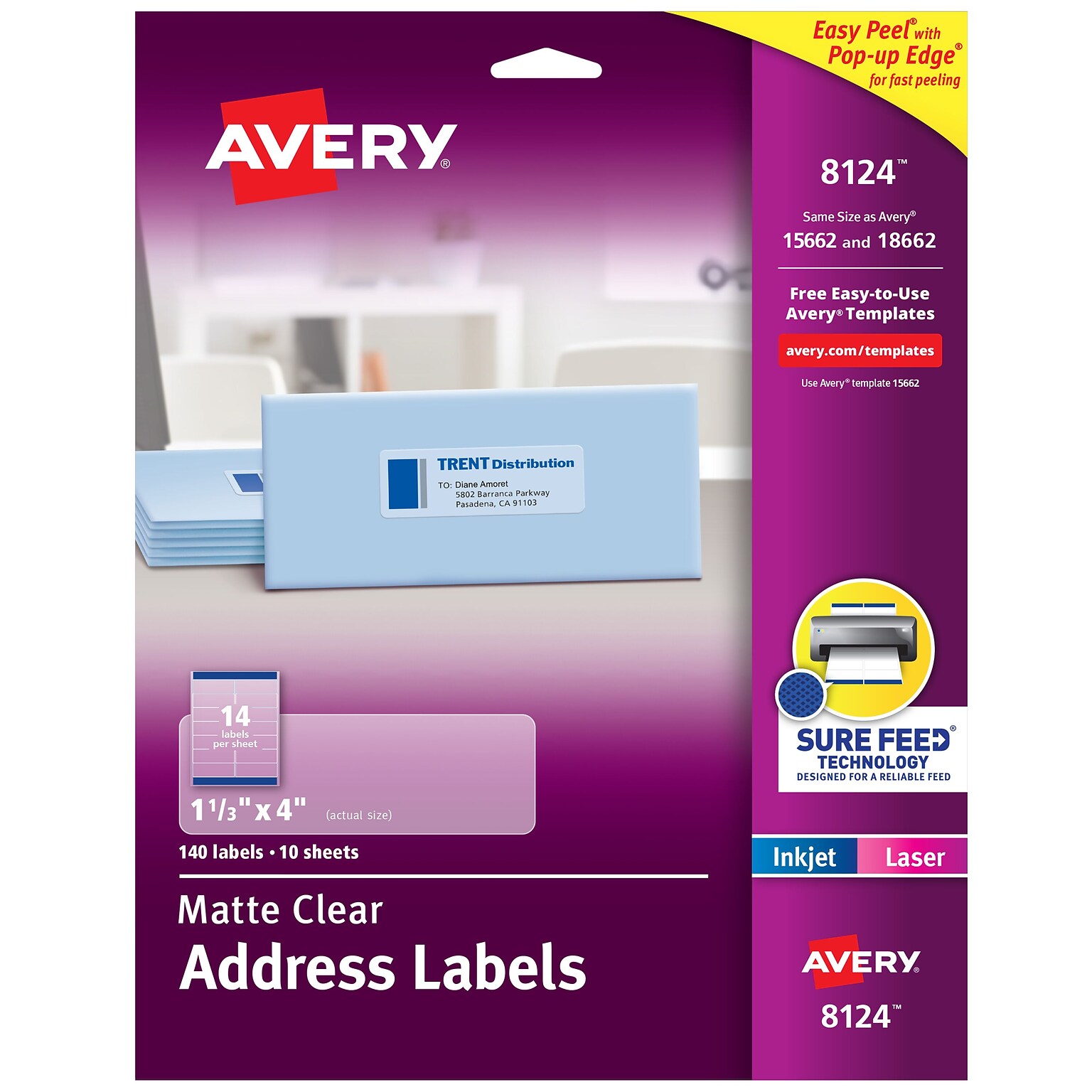 Avery Laser/Inkjet Address Labels, 1-1/3 x 4, Matte Clear, 140 Labels/Pack (8124)