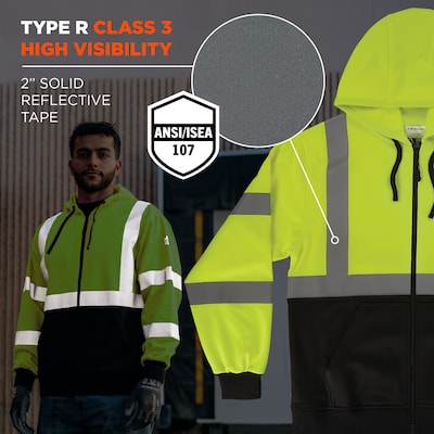 GloWear 8312BK High Visibility Long Sleeve Black Bottom Hooded Zip-Up Sweatshirt, ANSI Type R Class 3, Lime, Large (22934)