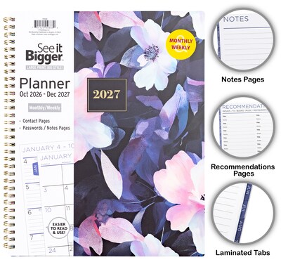 2026-2027 Overland Travelware 0.75" x 9.25" Calendar Year Weekly & Monthly Planner, Paperboard Cover, Black Floral (90688)