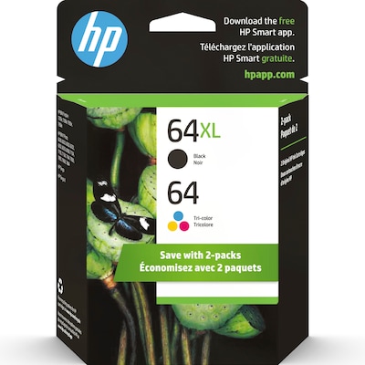 HP 64XL/64 Black High Yield and Tri-Color Standard Yield Ink Cartridges, 2/Pack (3YP23AN#140)