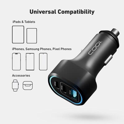 CODi 65W Triple Car Charger, USB-A & USB-C Outputs, Black (A01111)