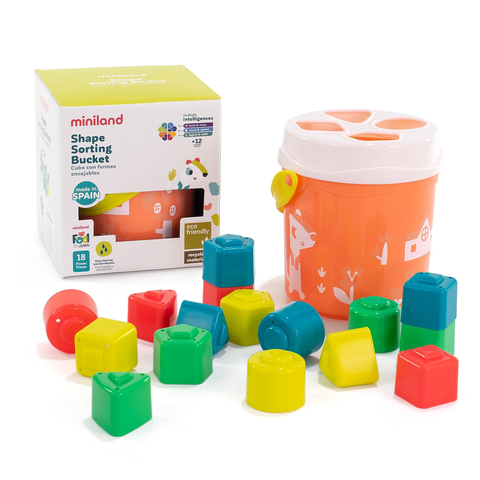 MINILAND Feel to Learn: Shape Sorting Bucket, Salmon, 18 Pieces/Set (MLE97342)