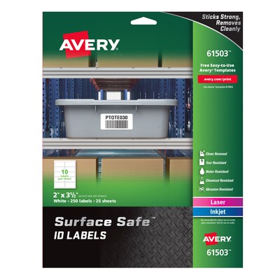 Avery Surface Safe Laser/Inkjet ID Labels, 2 x 3 1/2, White, 10 Labels/Sheet, 25 Sheets/Pack (6150