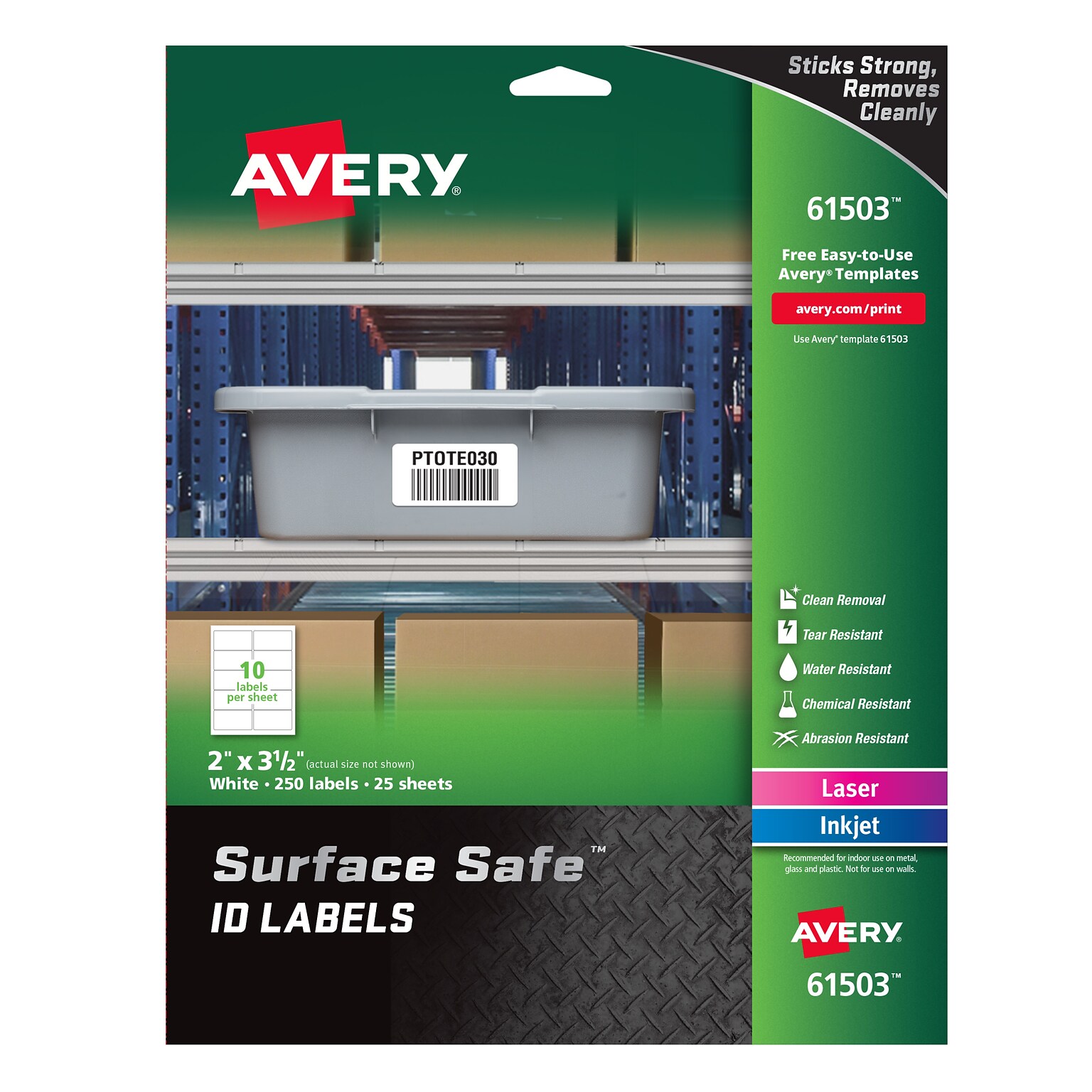 Avery Surface Safe Laser/Inkjet ID Labels, 2 x 3 1/2, White, 10 Labels/Sheet, 25 Sheets/Pack (61503)