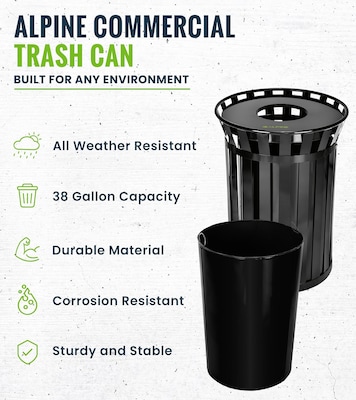 Alpine Industries Metal Outdoor Trash Can with Flat Lid and Liner, 38 Gallon, Black (479-38)