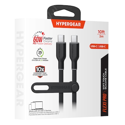 HyperGear Flexi Pro USB-C to USB-C Soft-Touch Silicone Fast Charge and Sync Cable, 10 ft., Black (15910)