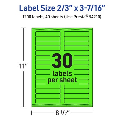 Avery Rectangle Multipurpose Labels, 2/3" x 3-7/16", Neon Green, 1200/Pack (94210)