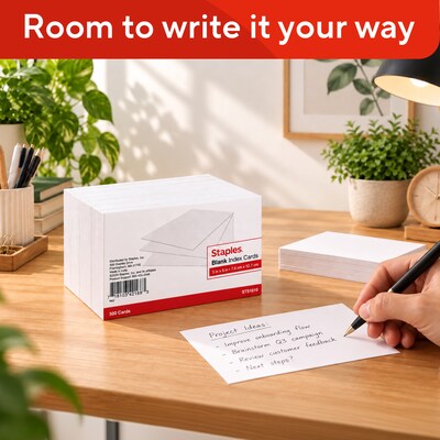 Staples Index Cards, 3" x 5", Blank, White, 500 Pack – Unruled Cards for Flashcards, Notes & Organization