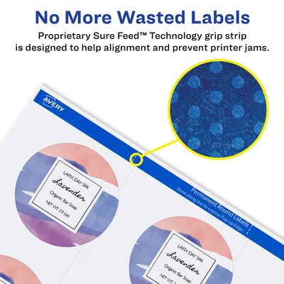 Avery Waterproof Laser/Inkjet Labels, 2" Diameter, White, 12 Labels/Sheet, 25 Sheets/Pack, 300 Labels/Pack (22877)