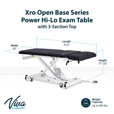 Viva Comfort XRO 3-Section Electric Height and Back Adjustable Exam Table, 600 lb Capacity, Black (ADI903-21-BLK-MK)