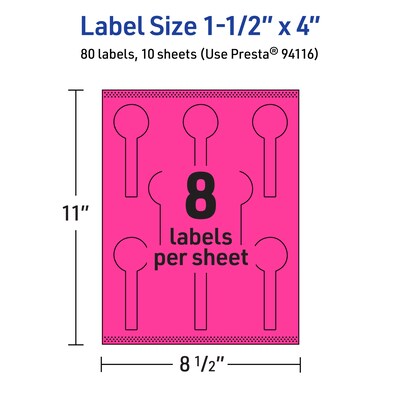 Avery Lollipop Laser/Inkjet Multipurpose Labels, 1.5" x 4", Neon Magenta (80/Pack)